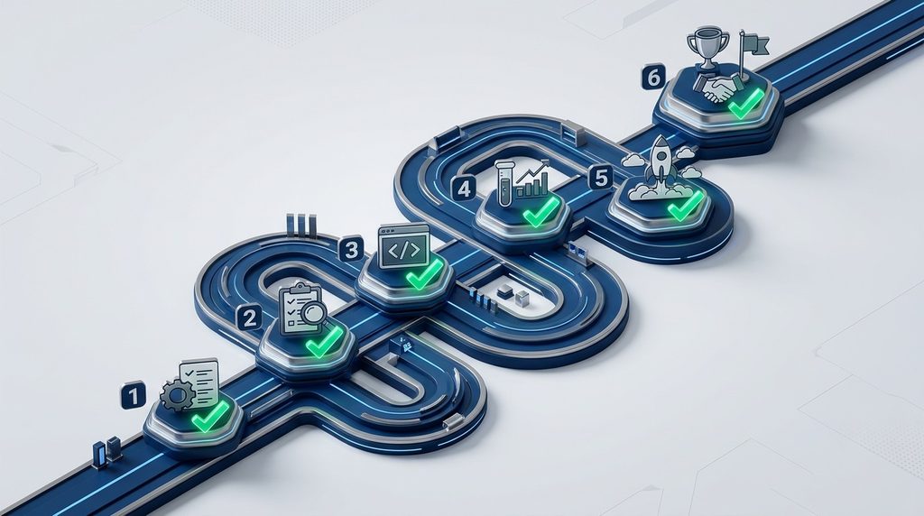 Вертикальная схема поэтапного плана развертывания AI Governance Framework из 6 шагов с зелеными маркерами успешного прохождения этапов