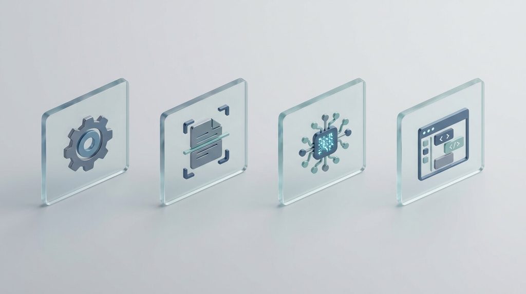 Сравнительная инфографика базовых инструментов intelligent automation: программных роботов RPA, оптического распознавания OCR, интеллектуальной обработки IDP и No-Code/Low-Code решений