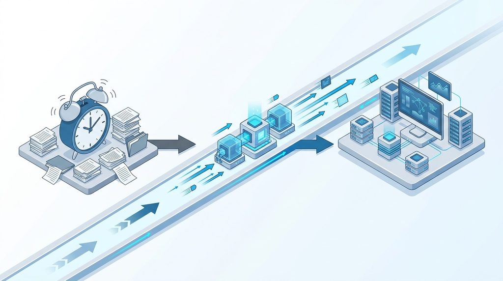 Инфографика сравнения скорости обработки первичных документов и рутинного ввода данных: ускорение работы бэк-офиса в 10-15 раз благодаря ИИ-модулям