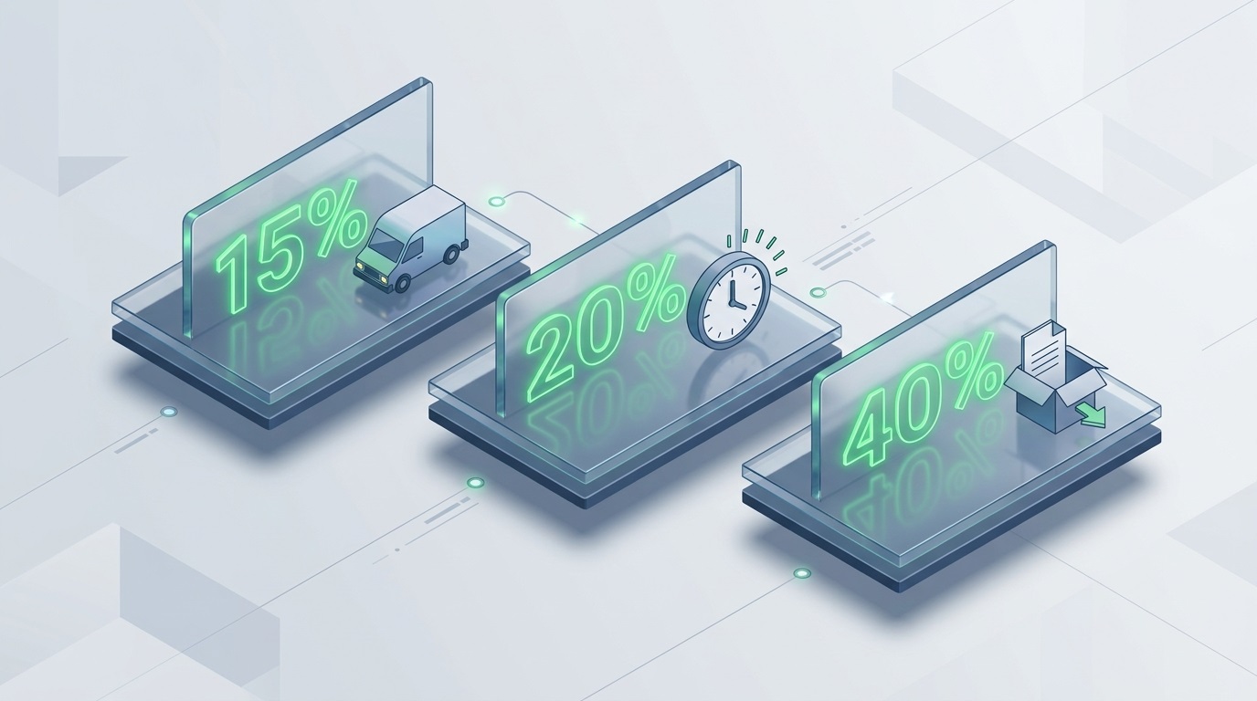 • Инфографика трех практических кейсов внедрения искусственного интеллекта: сокращение общего пробега автопарка на 15%, уменьшение времени доставки на 20% и снижение повторных доставок на 30-40%.