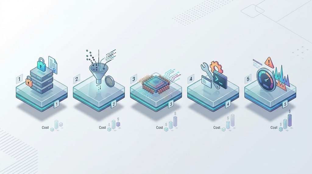 Сравнительная инфографика компонентов совокупной стоимости владения TCO ИИ: сравнение CapEx, Discovery, инференса GPU, поддержки моделей и контроля качества QA.